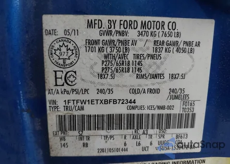 2011 Ford F-150 Fx4 from USA, damaged, VIN 1FTFW1ETXBFB72344